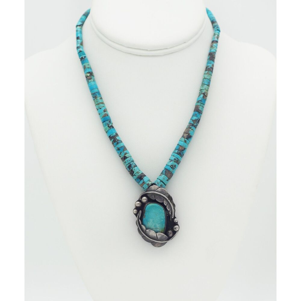 Native American Sterling Silver Turquoise Pendant with Heishi Chain Necklace